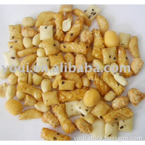Rice crackers and coated peanuts mix